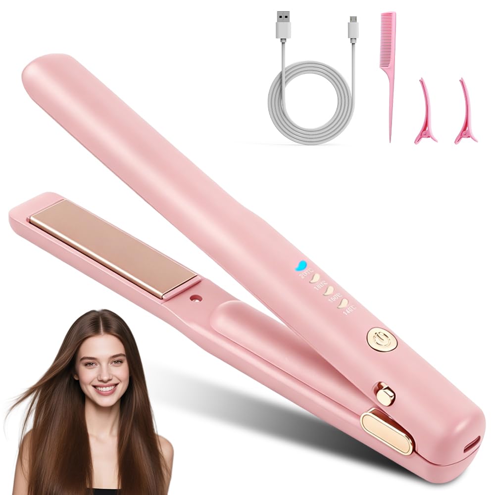 2 In 1 Mini Glätteisen Kabellos und Lockenstab, Hair Straightener, 4 Temperaturen, Wiederaufladbare Glätte, Mini Haarglätter für Langes, Kurze Haare, Glätten, Wellen, Locken Nach Innen (Rosa)