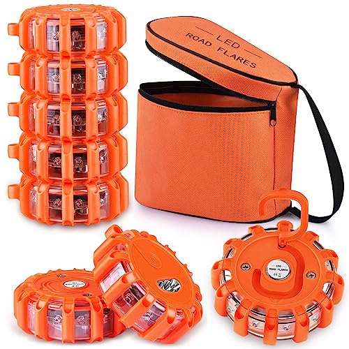 8 Pack LED Road Flares Emergency Lights, 9 Glow Modes Roadside Emergency Warning Car Safety Beacon Flashing Disc Flare Kit with Magnetic Base & Hook for Vehicles,Cars,Truck,Boat(NO Battery Included)