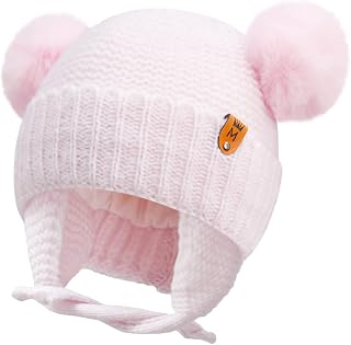 Baby Winter Bobble Hat - Infant Newborn Pompom Beanie with Earflaps Chin Strap, Cold Weather Furry Warm Toddler Knitted Cotton Lined Double Pom Pom Hat, 0-4 Years