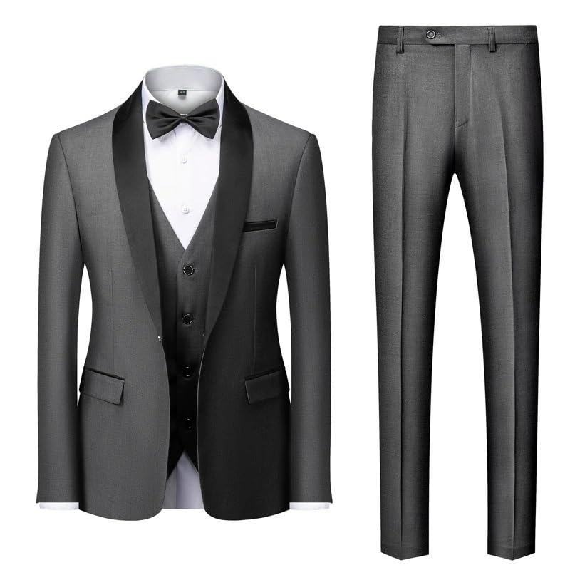 Business Men’s Slim Fit 3 Piece Suit Set with Pants Vest Formal Tuxedo Wedding Party Prom Groom Suit(Gray,Large)