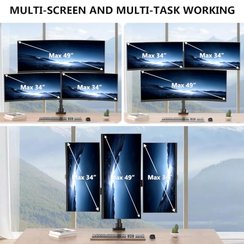 Image of WALI Triple Monitor Mount, up to 49'' Ultrawides on Top Bracket and 34'' Screens on Side Brackets, Extra Tall 3 Monitors Desk Mount, Heavy Duty Monitor Arm up to 44 lbs (GSDM003N-P), Black