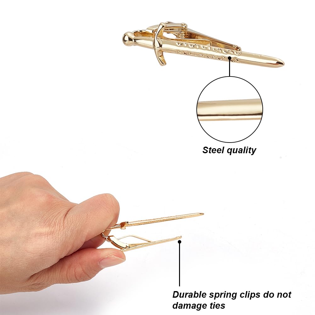 WEBEEDY 2 clips de corbata dorados con espada para hombre, accesorios de corbata para camisa, novio de boda, negocios, regalo único para caballeros, 6 cm de longitud, 6cm, Metal, No es una piedra