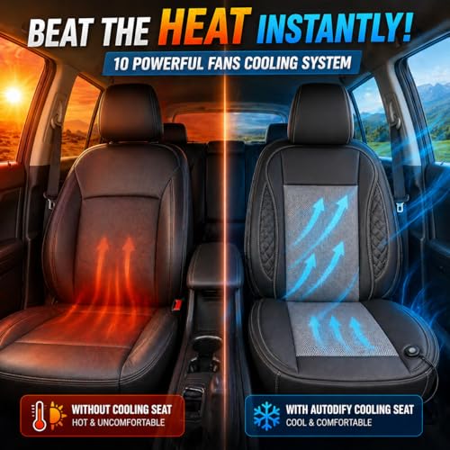 Image of Car Ventilated Cooling Seat Cushion Cover with 10 Powerful Fans & 3 Adjustable Cooling Levels, Leather Universal Fit for All Cars (Gray, Pack of 2 Ventilated Cooling Seat)