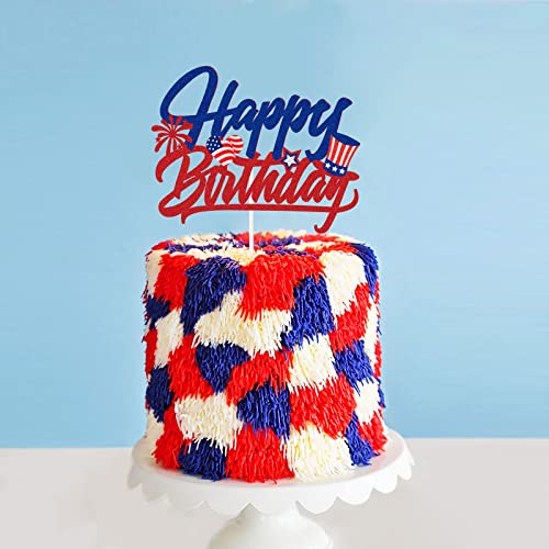 American Happy Birthday Cake Topper, Blue Red Glitter - Happy Independence Day 4Th Of July Cake Decor - Usa Memorial Day Party Decoration Supplies #TOP2