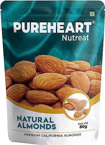 Image of Pureheart Nutreat Natural Almonds (80 gm) Premium California Almond Nuts /Dry Fruit, Crunchy & Delicious Dried Badam, Resealable Pouch
