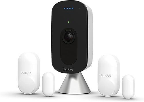 ecobee SmartCamera Smart Security Bundle Cámara inteligente Cámara de seguridad WiFi para interiores y paquete de 2 sensores inteligentes para