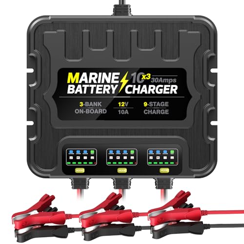 3 Bank Marine Battery Charger, 12V 30A (10A/Bank) Smart Waterproof Onboard Boat Battery Charger, Battery Maintainer & Desulfator for SLA/AGM/Lithium (LiFePO4), Calcium and Deep-Cycle Batteries