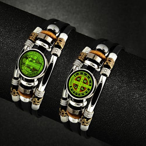 2Pcs Men's San Benito Bracelet Glow in The Dark Saint Benedict Cross Bracelet Multilayer Leather Braided Snap Buttons for Father Husband Couples Jewelry2