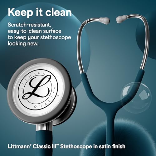 Image of 3M Littmann Classic III Stethoscope, 5623C, 27 inch Caribbean Blue Satin Finish Tube for Added Comfort, Flexibility and Cleanability, Stainless Steel Chestpiece, More Than 2X as Loud, Weighs Less