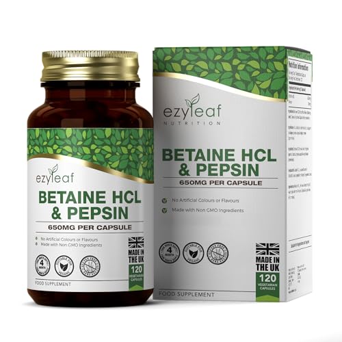 Ezyleaf Betaine HCL with Pepsin 650mg | 120 Vegan Capsules | Betaine Hydrochloride with Pepsin | Digestive Enzyme Supplements | No Artificial Ingredients | ISO Certified Gluten Free Non-GMO