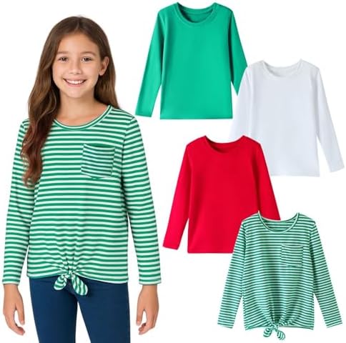 HILEELANG 4 Packs Girls Shirts Summer Short Sleeve Cotton Soft Plain Solid Pure Color Tops Tee Basic Shirts