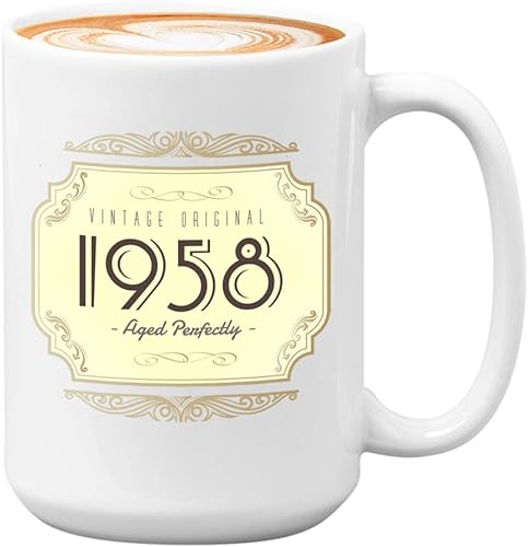 Taza de café de cumpleaños de 15 onzas, color blanco, vintage envejecido perfectamente anciano para abuelos