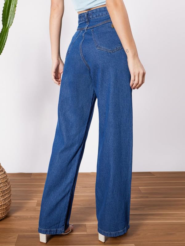 Image of DEELMO Women's High Waist Wide Leg Denim Jeans for Women | Straight Fit Full Length Casual Wear Pants