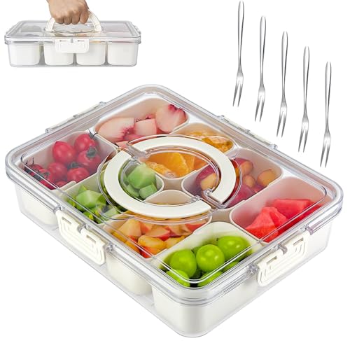 Farerkass Scatola per Snack con Coperchio, Piatto per Snack con 8 Scomparti e 5 Forchette in Acciaio Inox, Ciotola per Snack, Snack Box con Coperchio per Snack, Noci, Frutta, Verdura