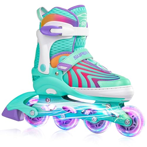 SUPER YOUNGSTER Girls Inline Skates for Boys Kids Ages 4-12, Adjustable Light Up Roller Skates for Youth Teens Ages 8-12, Beginner Blades for Women Adults