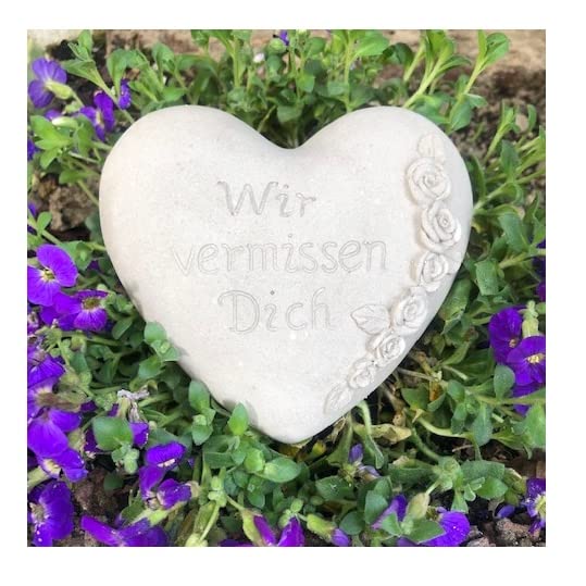 Radami Grabherz Gedenkstein - Wir vermissen Dich - Grabschmuck Grabdeko Trauerherz 10cm Natur, Handarbeit