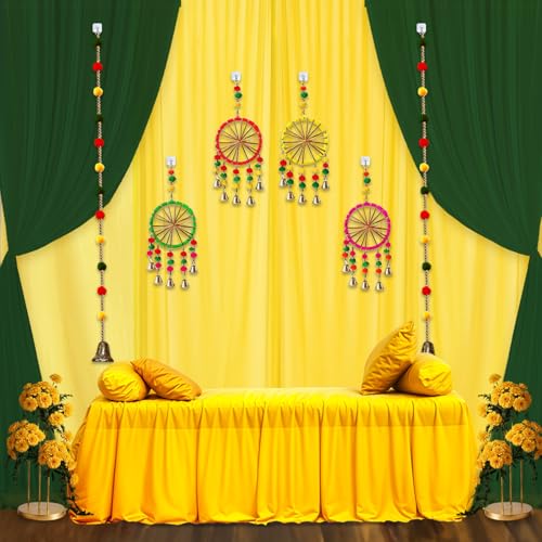 Image of Party Propz Green and Yellow Backdrop Decorations with Pom Pom Hangings, Mehendi Decoration Setup, Haldi Decoration Items for Home Decor, Backdrop Cloth for Decorations Pooja(17Pcs)(Satin)