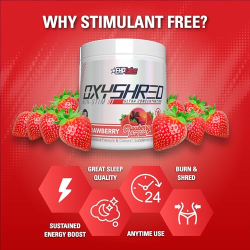 Image of EHP Labs OxyShred Non Stimulant Pre Workout Powder - Stim Free, Caffeine Free Preworkout for Men & Women - Non Stim Preworkout - Sugar Free Energy Powder - Strawberry, 60 Servings