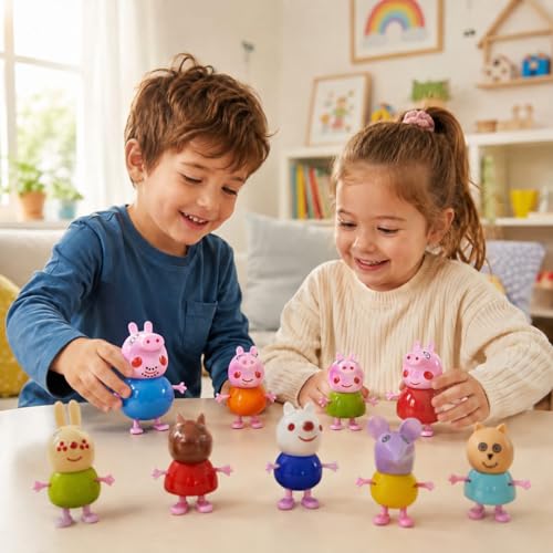 Image of ALCA Peppa Pig Figure Family Set of 9 Pieces | Pretend Play Toy Set with Peppa, George, Mummy Pig, Daddy Pig & Friends | Poseable Family & Friends Action Figures for Kids, Boys & Girls |