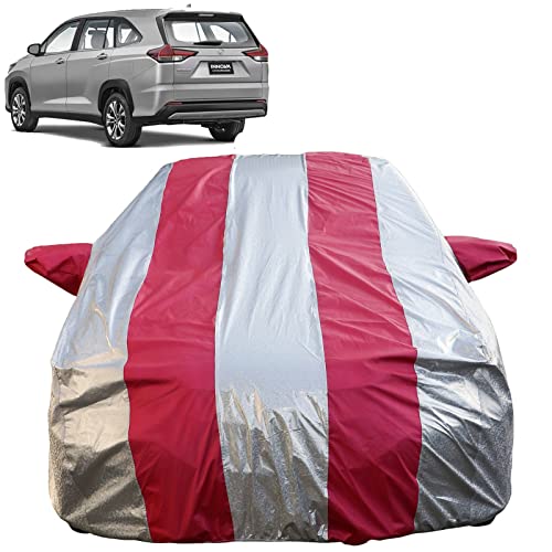 Image of Autofact Waterproof Car Body Cover Compatible with Toyota Innova Hycross with Mirror Pockets (Pink Stripes with Shinning Silver Fabric /Waterproof Cover)
