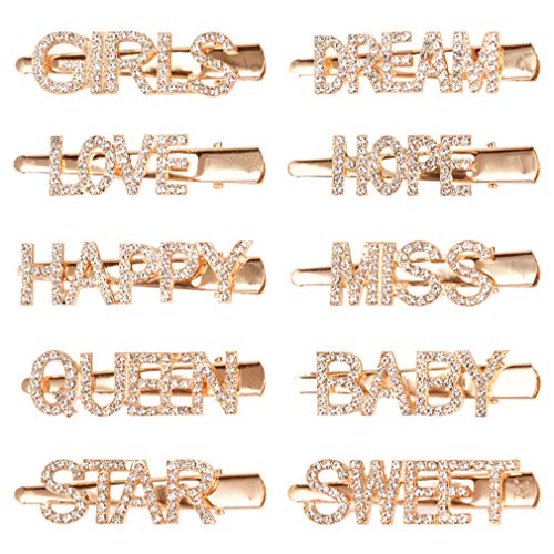 10PCS Word Hair Clip Letter Bobby Pins Gold Sparkly Barrettes Bling Handmade Crystal Hair Jewellery Headwear Accessories for Women Girls