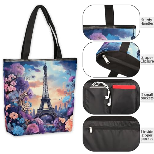 Paris Tower Flower Canvas Tote Bag for Women Large Tote Bag with Zipper & Pockets Canvas Beach Bag Shoulder Bag Reusable Shopping Bags Cute Tote Bags for Work Travel4