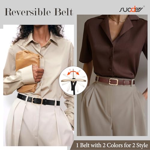 SUOSDEY Women Reversible Leather Belts for Jeans Pants Dresses Ladies Belts with Fashion Gold Buckle, Black/Brown2