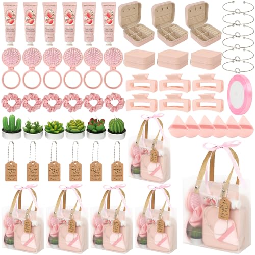 Baby Shower Prizes for Winners Gifts Headband Hair Brush Jewelry Box Plants Candles Bracelet Hand Cream Compact Powder Puff Hair Claw ribbon Gift Bag Beaded Necklace Bridal Shower(6 Sets-Pink)