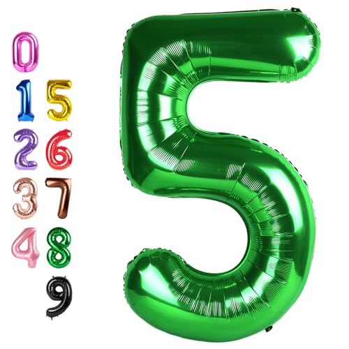 Image of Number Balloons Green 5 Balloon 40 inch for 5 Birthday Party Decorations | Saturated Color, Large 40 in, With Inflation Straw & Hanging Hole, For Back-To-School Season, Forest Picnic Party, Christmas