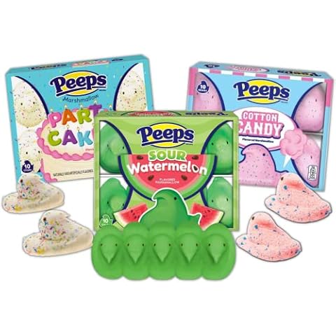 Peeps Marshmallow Candy Chicks, Sour Watermelon, Cotton Candies and Party Cake Sugar Coated Marshmallows, Easter Basket Stuffers for Peep Lovers, 10 Count, Pack of 3, 30 Pcs Cover