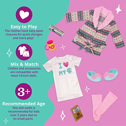 Glitter Girls – Wake Up with a Smile-outfit – Doll Robe, Sweater Dress, Plush Dog Accessories ¬– 14-inch Doll Clothes for Kids Ages 3 and Up – Children’s Toys