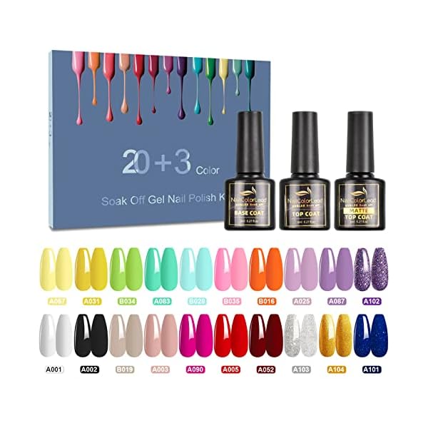 23-Pcs-Esmalte-Semipermanente-SHOWNAIL-20-Colores-Pintaunas-Semipermanentes-Remojo-con-Base-Top-Coat-Brillante-y-Mate-Set-Esmalte-de-Unas-Semipermanentes-con-Desnudo-Rosa-Neon-Blanco-Negro-8ML