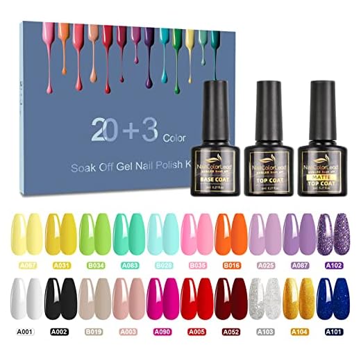 23 Pcs Esmalte Semipermanente, SHOWNAIL 20 Colores Pintauñas Semipermanentes Remojo con Base, Top Coat Brillante y Mate, Set Esmalte de Uñas Semipermanentes con Desnudo Rosa Neón Blanco Negro, 8ML