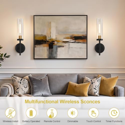 Image of Battery Operated Wall Sconce Set of 2,Black and Gold Wireless Rechargeable Wall Lighting Fixtures with Remote Control,Dimmable Wall Light for Bathroom ,Vanity, Living Room, Bedroom, Hallway, Stairway