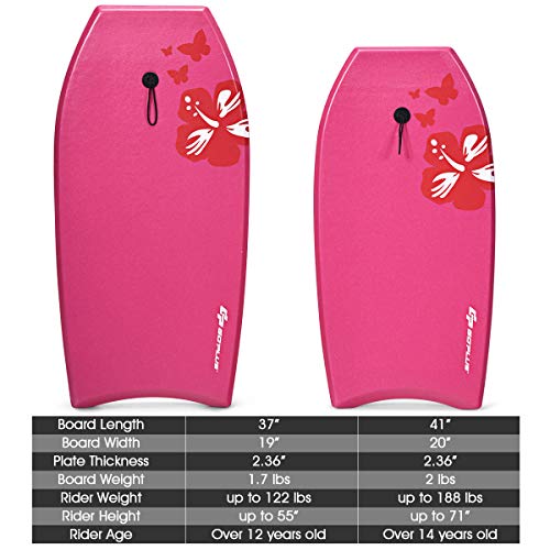 Goplus Boogie Boards For Beach, 37-41'' Super Lightweight Body Board With Eps Core, Xpe Deck, Hdpe Slick Bottom, Wrist Leash For Sea, Pool, Bodyboard Surfing For Kids Teens Adults (37 Inch, Rose) #TOP2