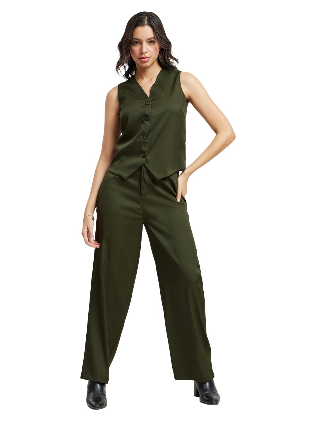 fablestreet Women Formal Co-Ord Set | V-Neck Sleeveless Waistcoat & Wide-Leg Trousers | Solid Fuchsia Pink | Button Closure | Smooth Woven Fabric | Business Casual & Workwear-picture-21