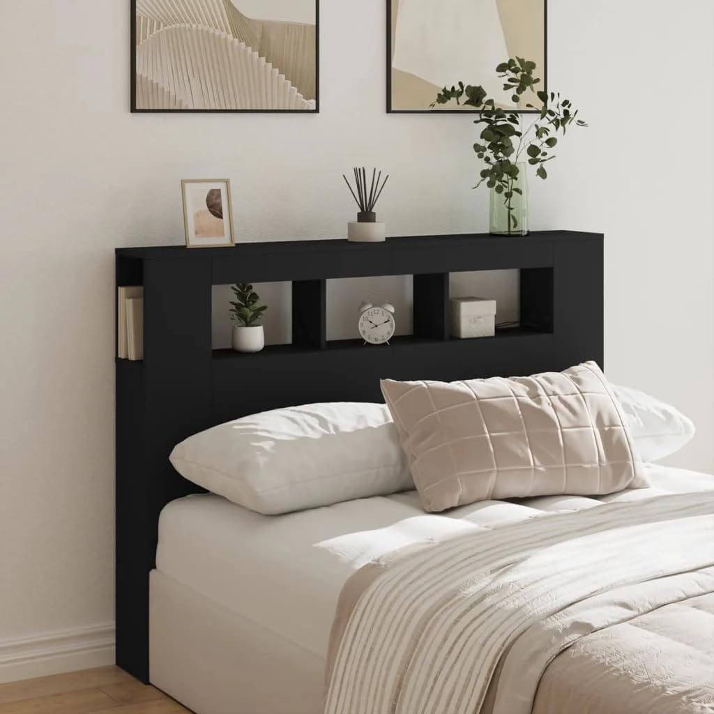 vidaXL LED Kopfteil, Bettkopfteil mit LED-Leuchten, Betthaupt mit Ablagen, Bettzubehör Schlafzimmer, Schwarz 140x18,5x103,5cm Holzwerkstoff