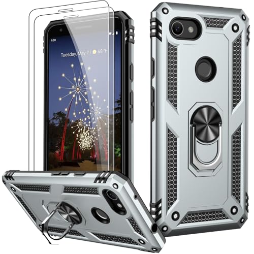 LUMARKE for Google Pixel 3A XL Case with Screen Protector,Pass 16ft. Drop Tested Military Grade Protective Phone Cover with Magnetic Ring Kickstand Compatible with Car Mount Holder Silver