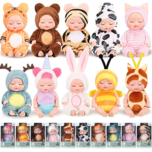Hanaive 10 Pcs 4 Inch Mini Baby Dolls Lifelike Realistic Tiny Baby Dolls with Animal Clothes Cute Infant Figurine Gifts Set for Toddlers Girls Kids 3+ Easter Graduation Birthday(Lovely Style)