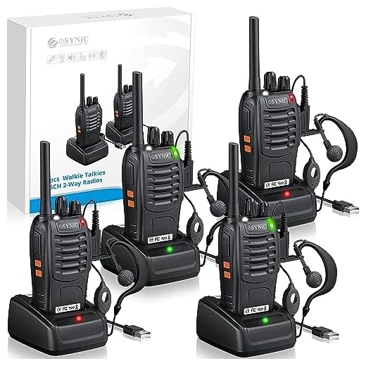 eSynic 4 pcs Rechargeable Walkie Talkies with Earpieces Long Range Two-Way Radio 16 Channel with Flashlight walky Talky Handheld Transceiver USB Charging Included