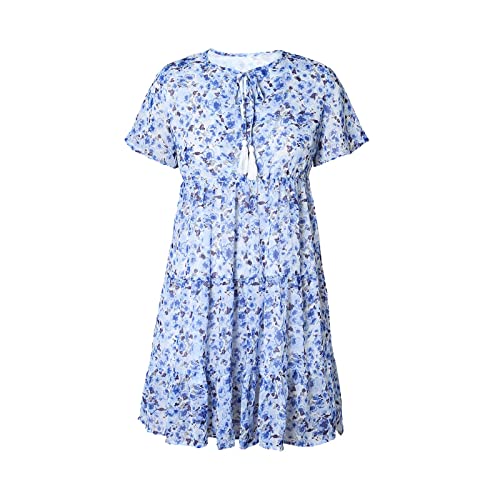 Women's Casual Dresses Summer Thin Loose Floral Women's Dress V Neck Pullover Short Sleeve Knee Length Skirt Blue #TOP4