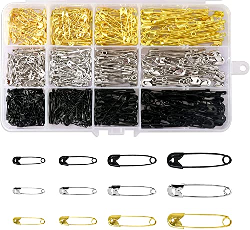 Premify Safety Pins 540Pcs Black Gold Silver Premium Pins For Scarf Hijab Clothes Headscarf Brooches 4 Sizes Durable Rust-Resistant Pin Set with Storage Box