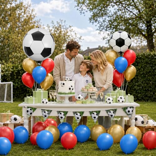 Image of Soccer Balloons, 12 Inch Red and Blue Metallic Gold Latex Balloons with Soccer Ball 4D Foil Balloon for Boys Kids Sport Theme Birthday Decorations Football Lover Men Party Baby Shower Decor Supplies