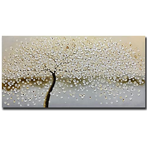 Yotree Large Original Oil Painting, Big White Flower Tree, Decorative Painting, Living Room Painting, Natural Home Decoration, Handmade Painting Ready To Hang 48x24 Inch
