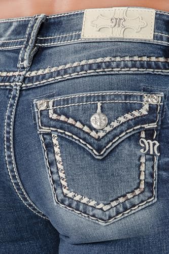 Miss Me Women's Tri-Color Metallic Saddle Stitch Faux Flap Pockets Mid-Rise Bootcut Jeans4
