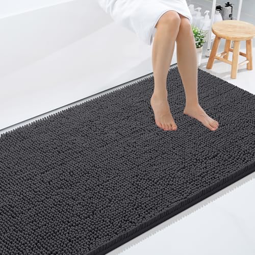 Smiry Luxury Chenille Bathroom Rugs 59x35, Extra Soft and Absorbent Shaggy Bath Mat, Machine Washable, Non-Slip Plush Carpet Runner for Tub, Shower, and Floor, Home Decor Accessories, Charcoal Grey