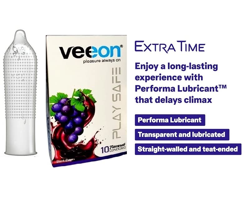 Image of Veeon Always Condoms for Mens Sex- Ultra Thin Condom for Women with Extra Time Sex, Long Lasting Pleasure Kondom- Suitable for use with Lubes & Toys, Black Grapes Flavoured (Set of 3, 30 condoms)