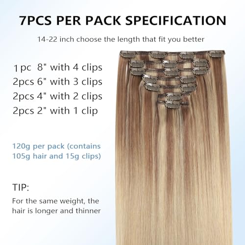 Image of COOKAYU Clip in Hair Extensions Real Human Hair, 10 /16 /16 Gold Brown to Caramel Blonde Ombre Hair Extensions Clip in Human Hair, 14inch 120g 7Pcs