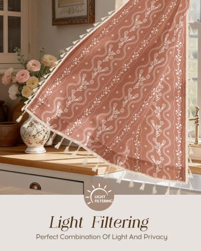 Image of Miss Adola Boho Kitchen Curtains - 45 Inch Length Linen Blend Floral Burnt Orange Cafe Curtains Tassels Tier Curtain Short Drapes Rod Pocket for Bathroom Living Room Windows Light Filtering, 2 Panels