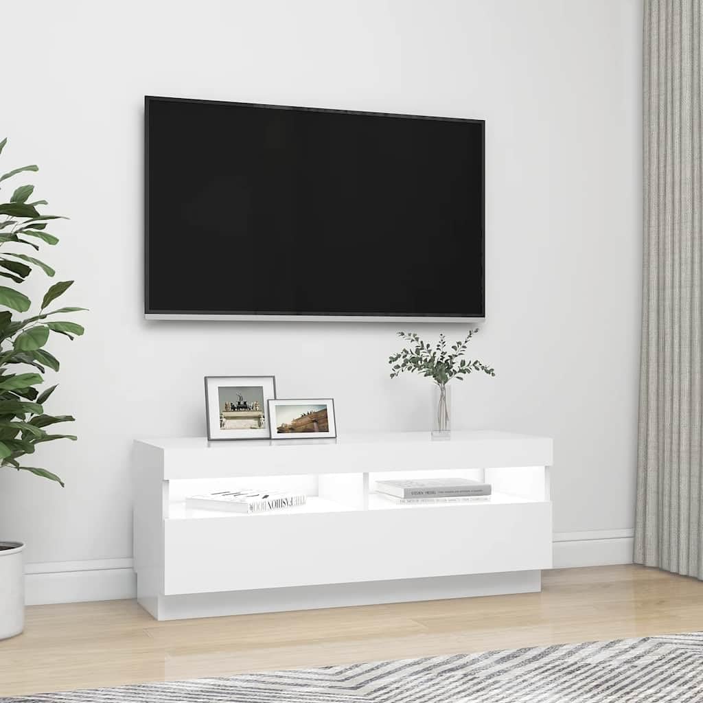 Szafka TV z diodami LED RGB, biała, 100 x 35 x 40 cm, materiał drewnopochodny, nowoczesne centrum rozrywki do salonu, sypialni, do przechowywania multimediów